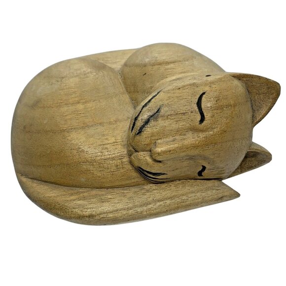 Smiling Hand-Carved Wooden Sleeping Cat Figurine Decor - Picture 1 of 8